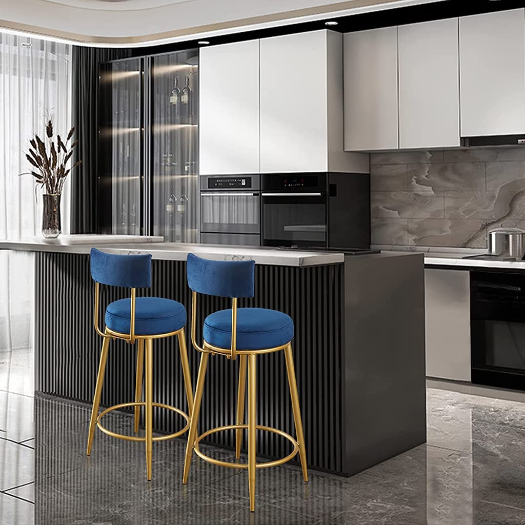 Velvet Upholstered Modern Bar Stool with Golden Metal Legs & Footrest - Counter Height Kitchen Island Stool for Breakfast Nook, Home Bar, Restaurant & Cafe Decor