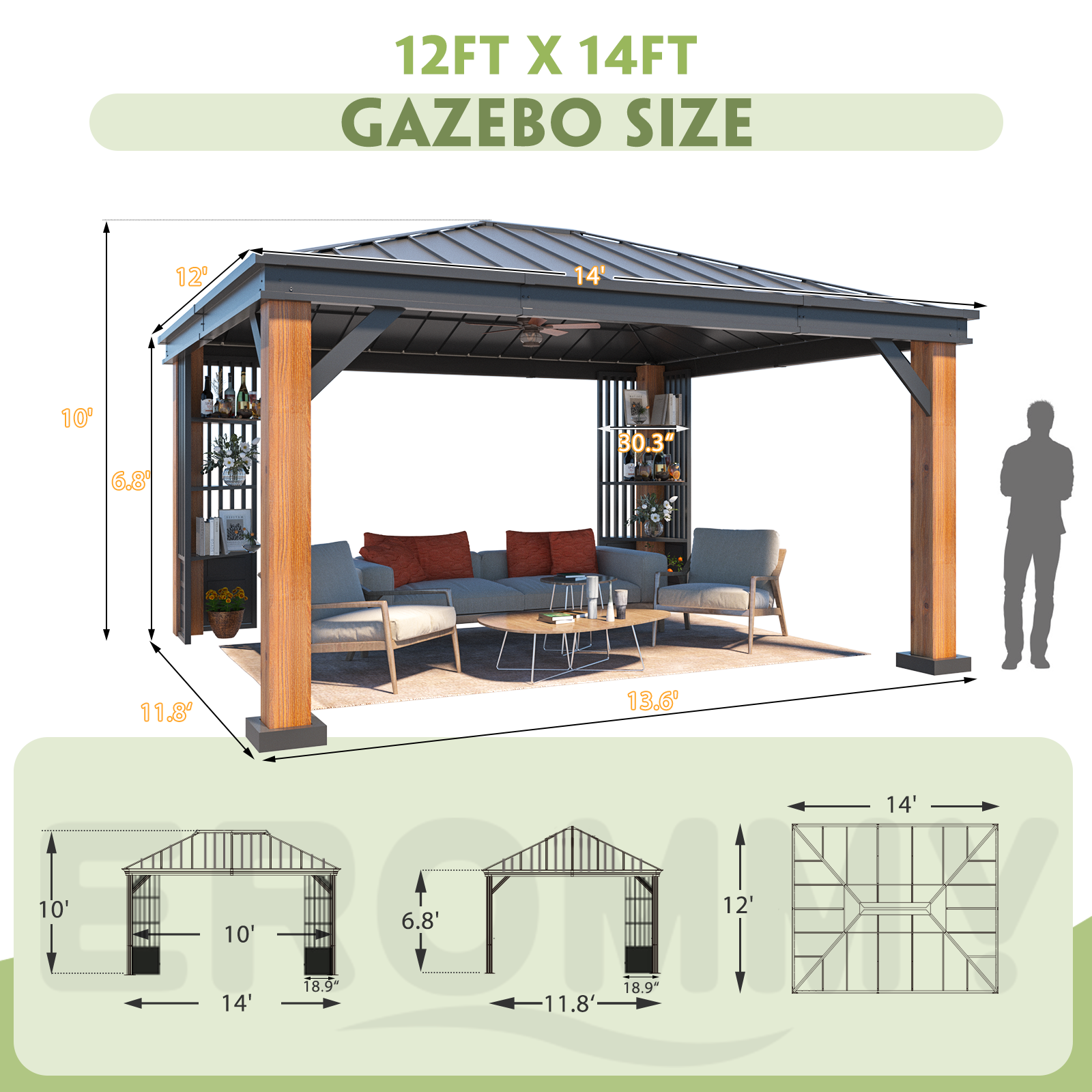 12' x 14' Hardtop Gazebo - Galvanized Steel Roof & Wood Grain Aluminum Frame - Permanent Metal Pavilion with 3-Tier Storage Shelves - Perfect for Backyard, Patio, and Outdoor Entertaining