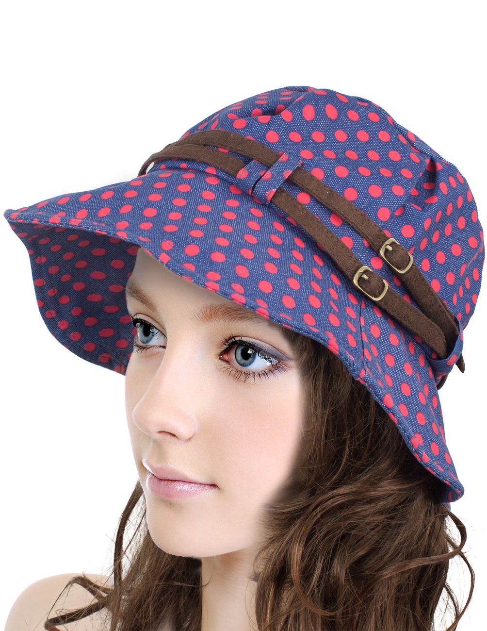 Dahlia Women's Summer Sun Hat - Wide Brim Bucket Hat with Adjustable Belt & Stylish Polka Dot Design - UV Protection for Beach, Gardening, and Outdoor Activities