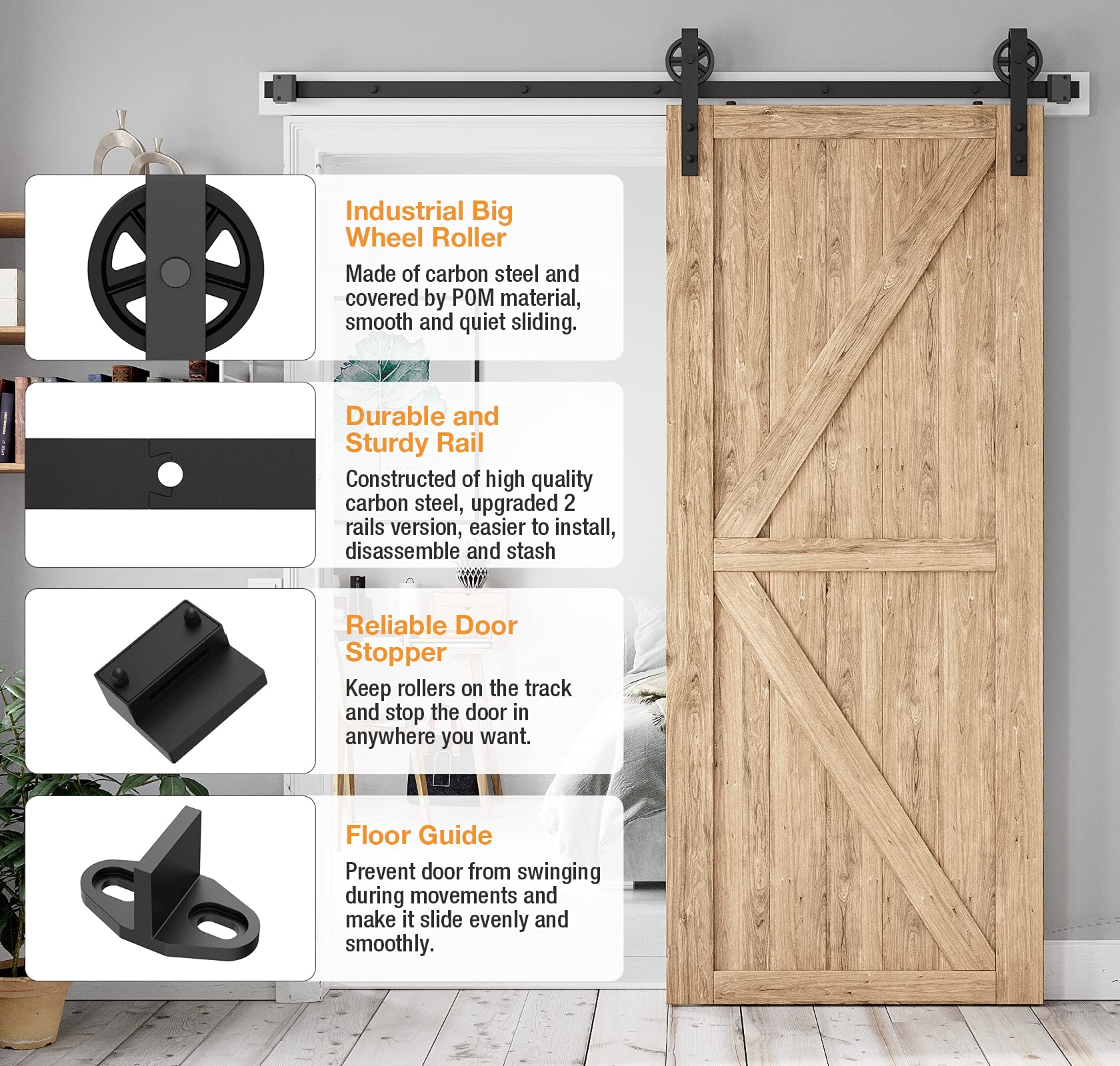 6FT Heavy Duty Sliding Barn Door Hardware Kit - Industrial Black Big Wheel J Hangers for Wood Single Doors (Fits 1 3/8