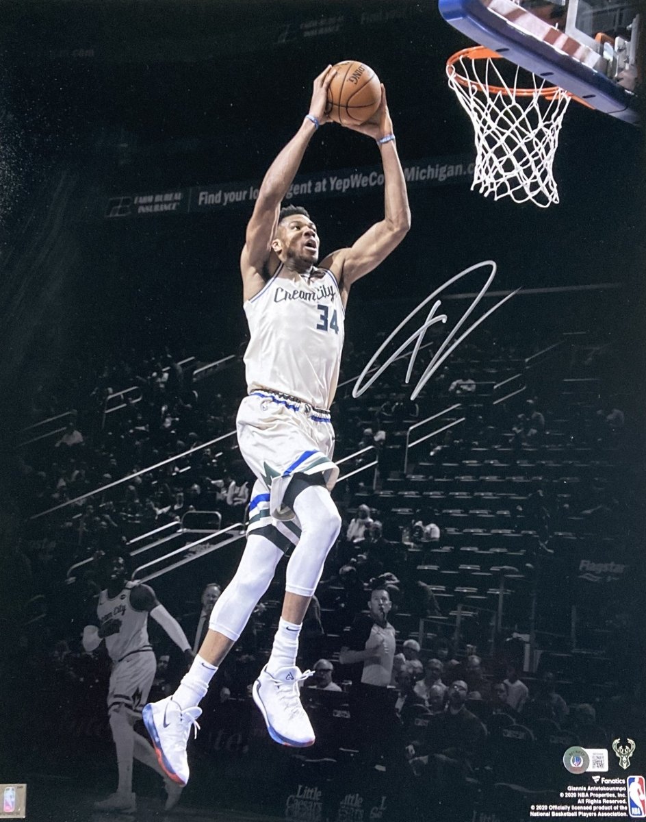 Giannis Antetokounmpo Autographed 16x20 Milwaukee Bucks Dunk Photo - Limited Edition Basketball Memorabilia - Perfect for Sports Collectors, Man Cave Decor, and Bucks Fans Gift