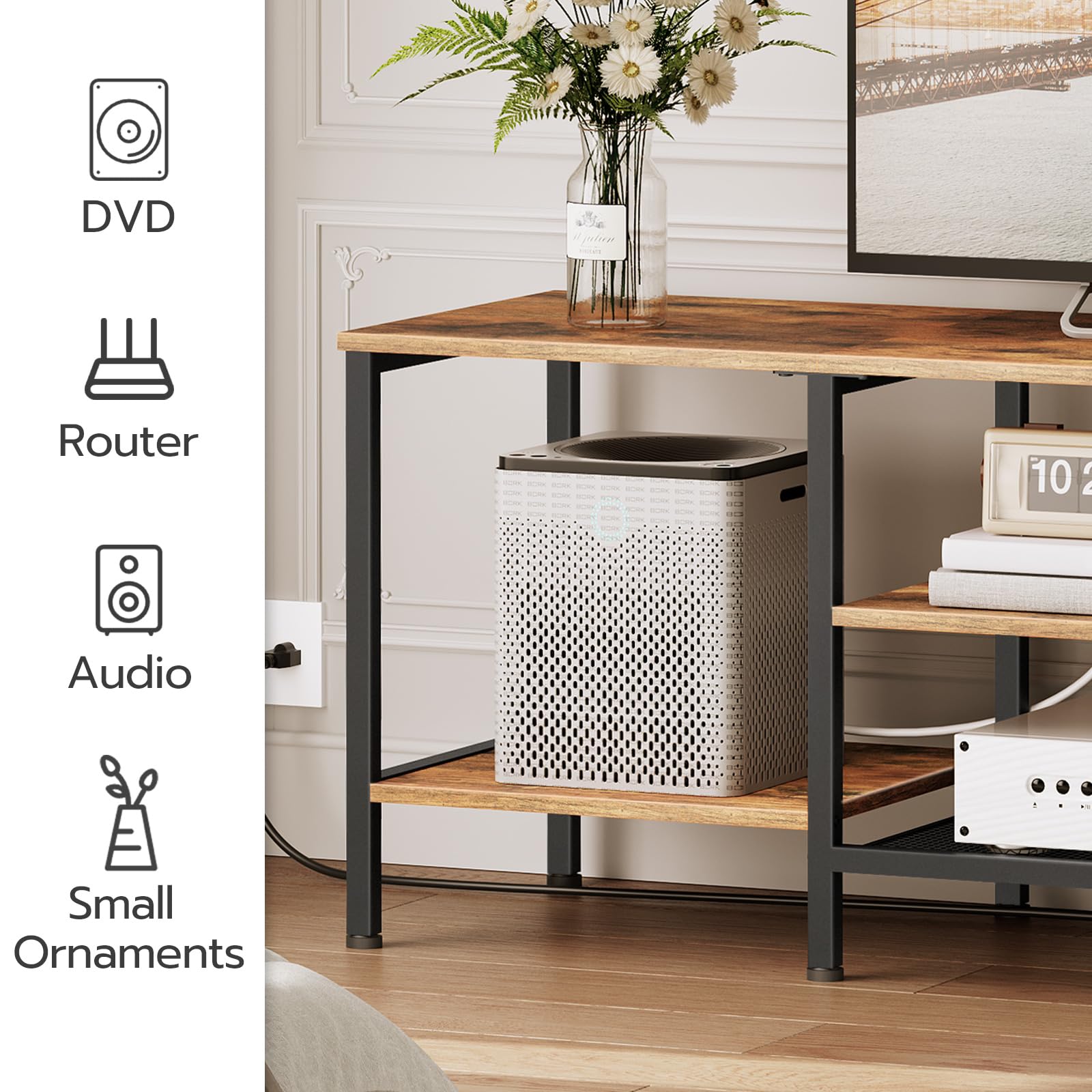HOOBRO 75 Inch TV Stand with Power Outlets, Industrial TV Console Table with Open Storage Shelves & Cabinet, Rustic Brown & Black Entertainment Center for Living Room & Bedroom - Perfect for Gaming, Movie Nights & Home Theater Setup (Model BF60DS01)