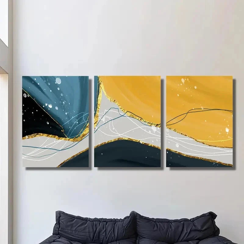 3-Piece Abstract Golden Landscape Metal Wall Art Prints - Ready to Hang Modern Home Decor for Living Room, Bedroom & Office