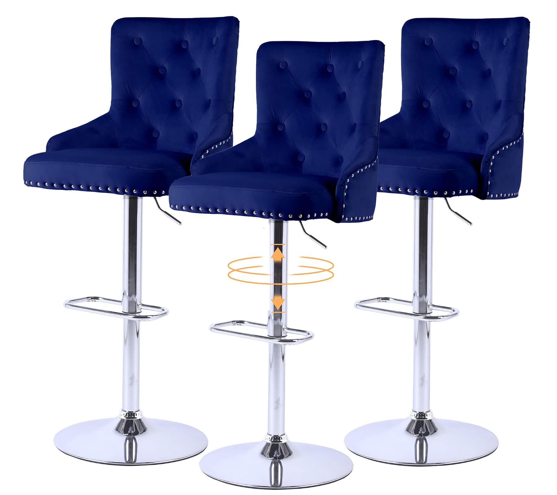 3-Piece Navy Blue Adjustable Height Bar Stools with Back - Velvet Swivel Kitchen Counter Stools for Kitchen Island, Pub, Office & Dining Room - Perfect for Entertaining, Breakfast Nooks & Home Bars