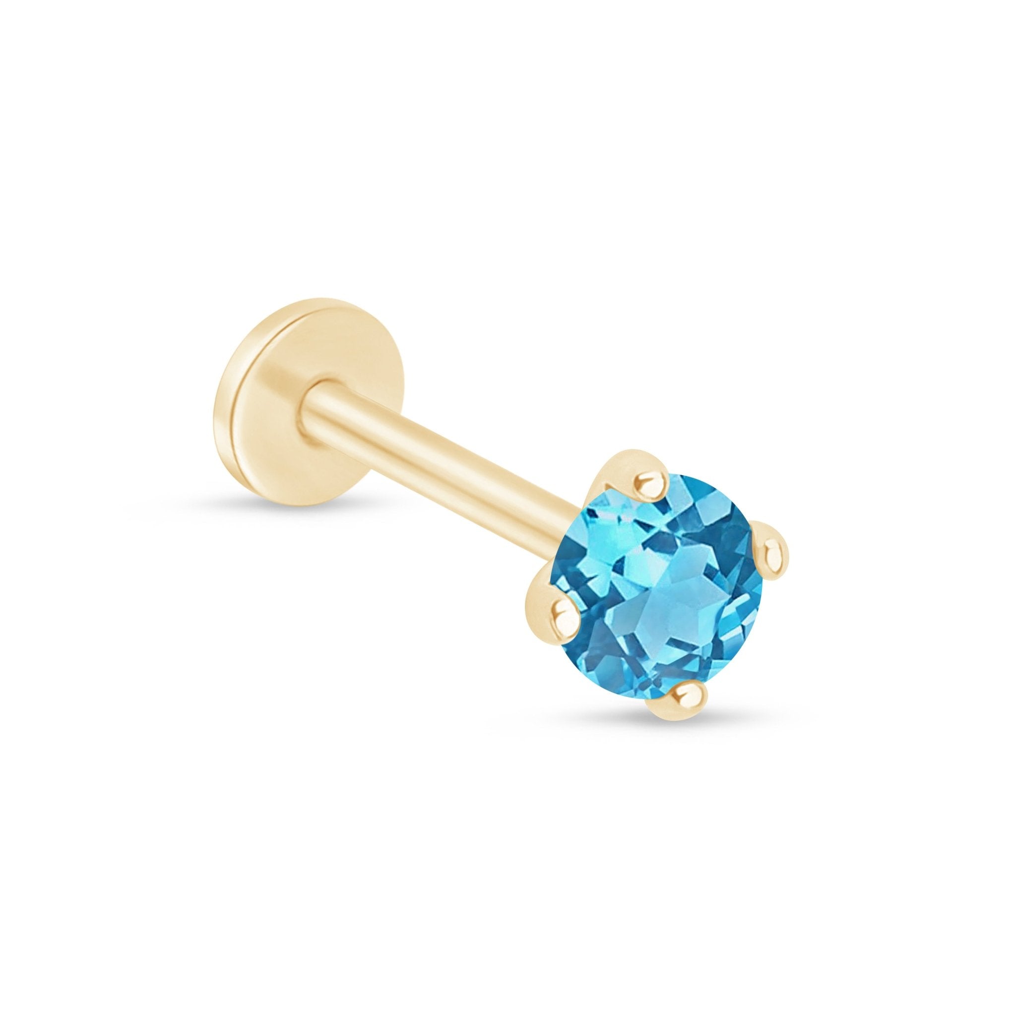 14k Yellow Gold Blue Topaz Cartilage Flat Back Stud Earrings - Perfect for Daily Wear, Gifts & Special Occasions