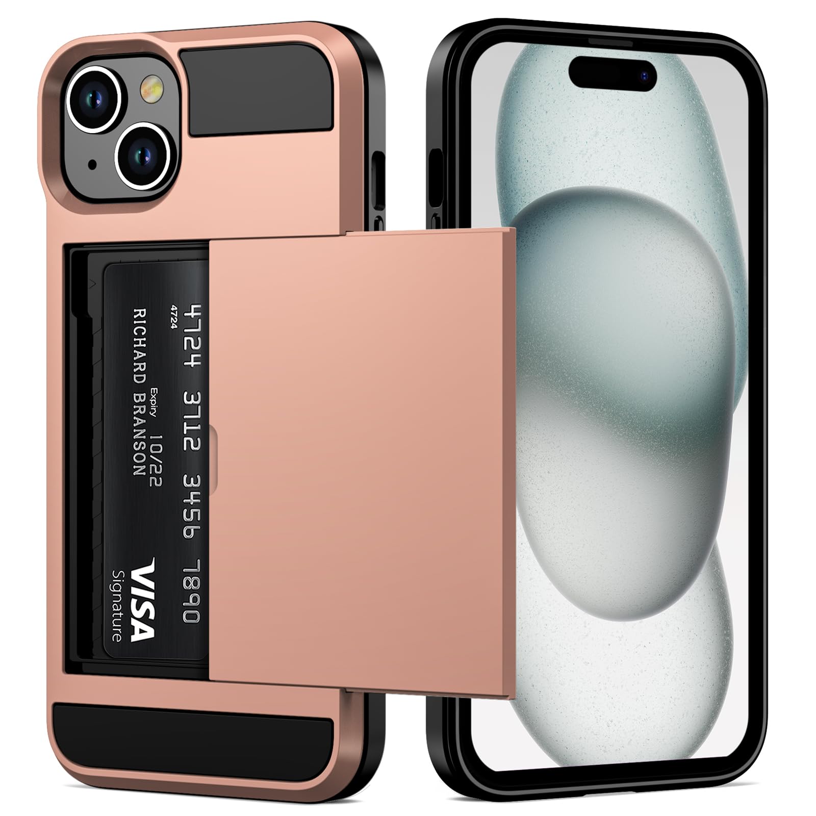 Vofolen iPhone 15 Case with Card Holder - Slim Dual Layer Shockproof Wallet Phone Cover with Hidden Sliding Card Slot | 6.1 Inch Rose Gold Protective Hard Shell | Perfect for Everyday Use, Travel & Hands-Free Convenience