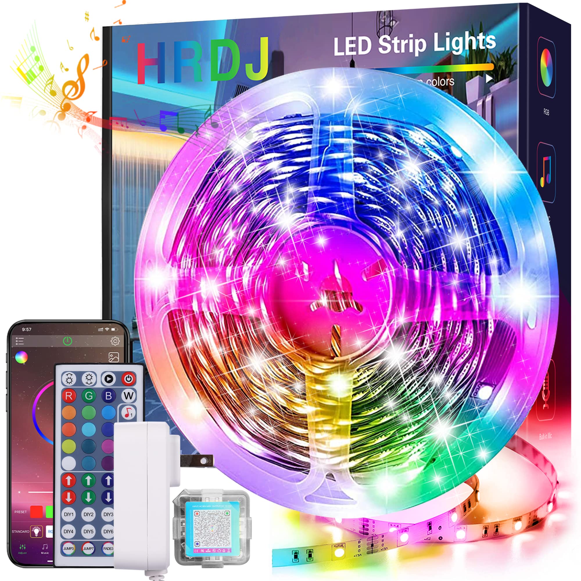 HRDJ 33ft Smart LED Strip Lights with Remote & App Control - RGB Color Changing, Music Sync, Bedroom Decor, Party Lighting for Home, Gaming Room, and Events