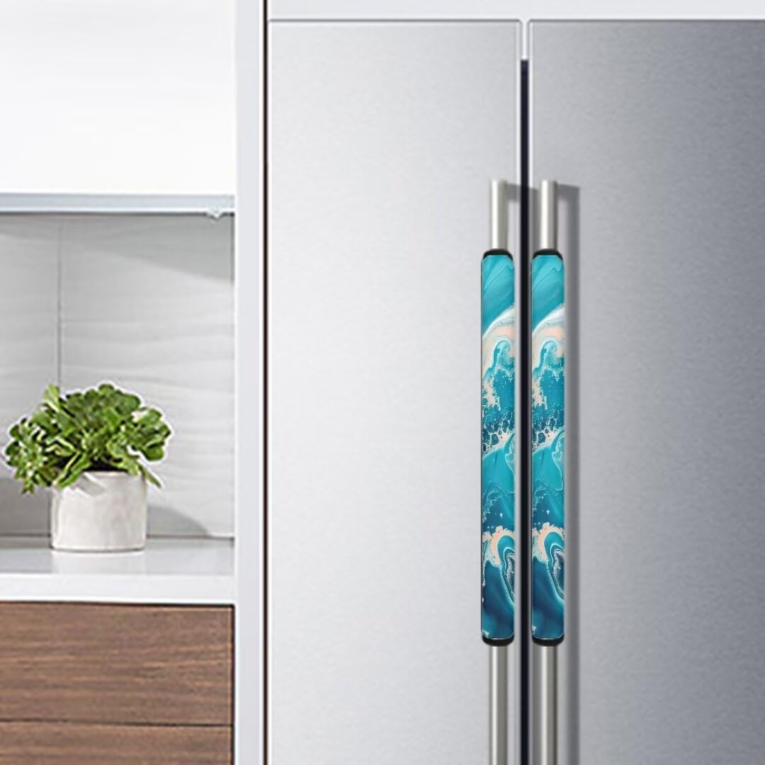 Aqua Marble Print Refrigerator Door Handle Covers - Anti-Skid Kitchen Appliance Protectors for Fridge & Oven - Fingerprint Resistant Decor Gloves (Perfect for Modern Kitchens & Home Organization)