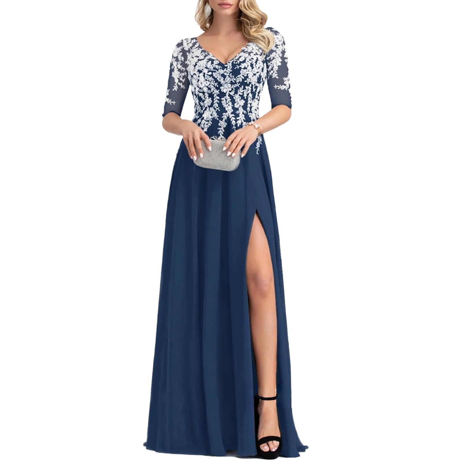 Elegant Women's Lace Applique Chiffon Evening Dress - V-Neck Floor-Length Formal Gown for Prom, Wedding Guest & Special Occasions | Perfect for Black Tie Events, Galas & Cocktail Parties