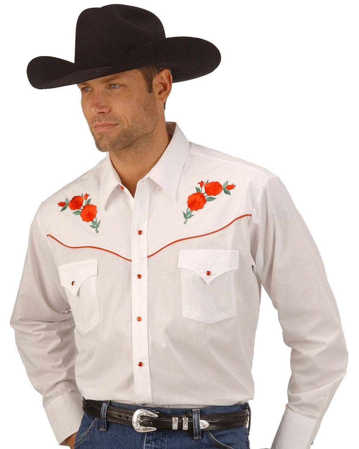 ELY CATTLEMAN Men's Western Long Sleeve Button Down Shirt with Rose Embroidery - Cowboy Style Casual & Work Shirt for Rodeo, Ranch, and Country Fashion