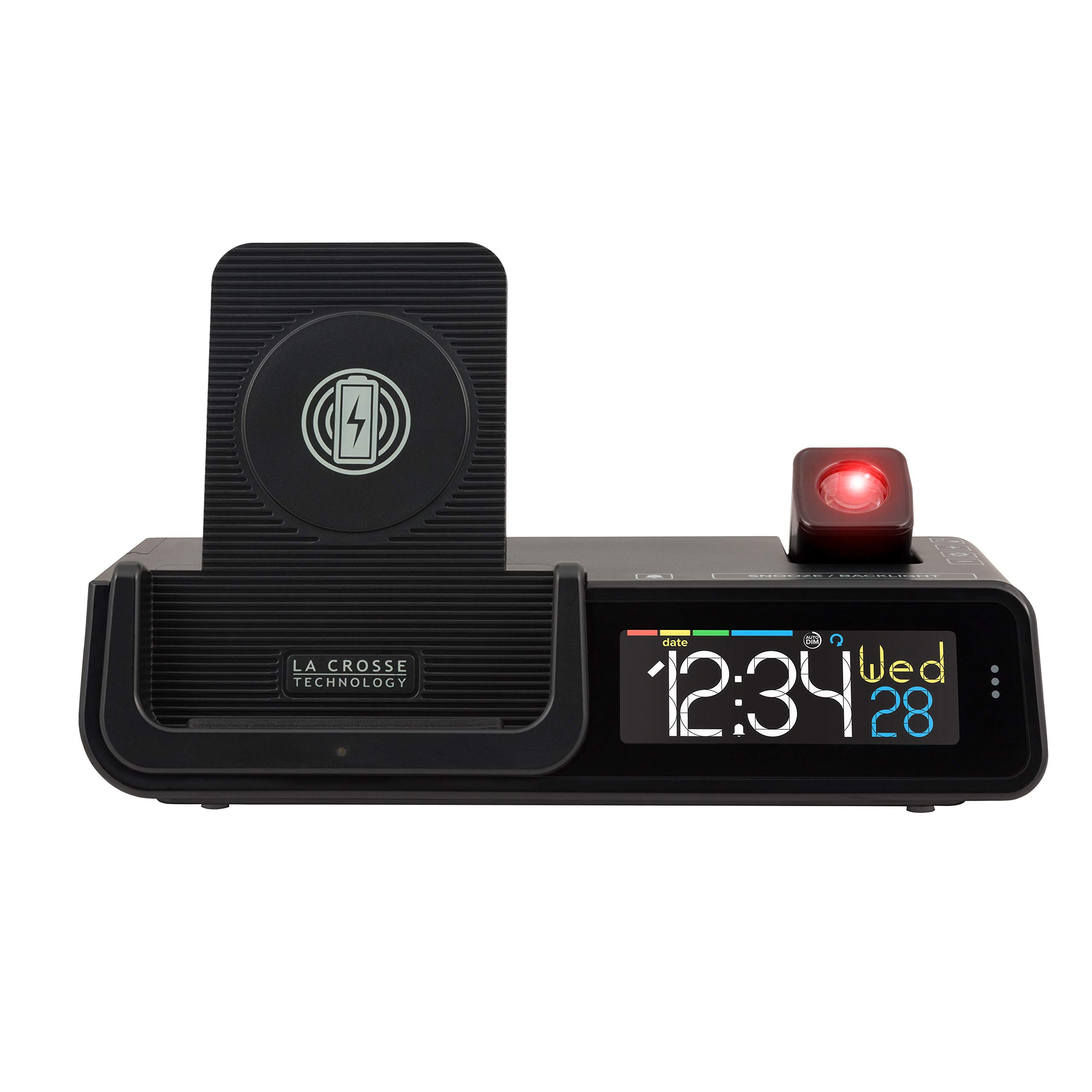 La Crosse Technology C80765 Wattz 3-in-1 Projection Alarm Clock with Wireless Charger - Digital Clock with Temperature Display, Night Light & USB Port - Perfect for Bedroom, Office & Travel (Black, Pack of 1)