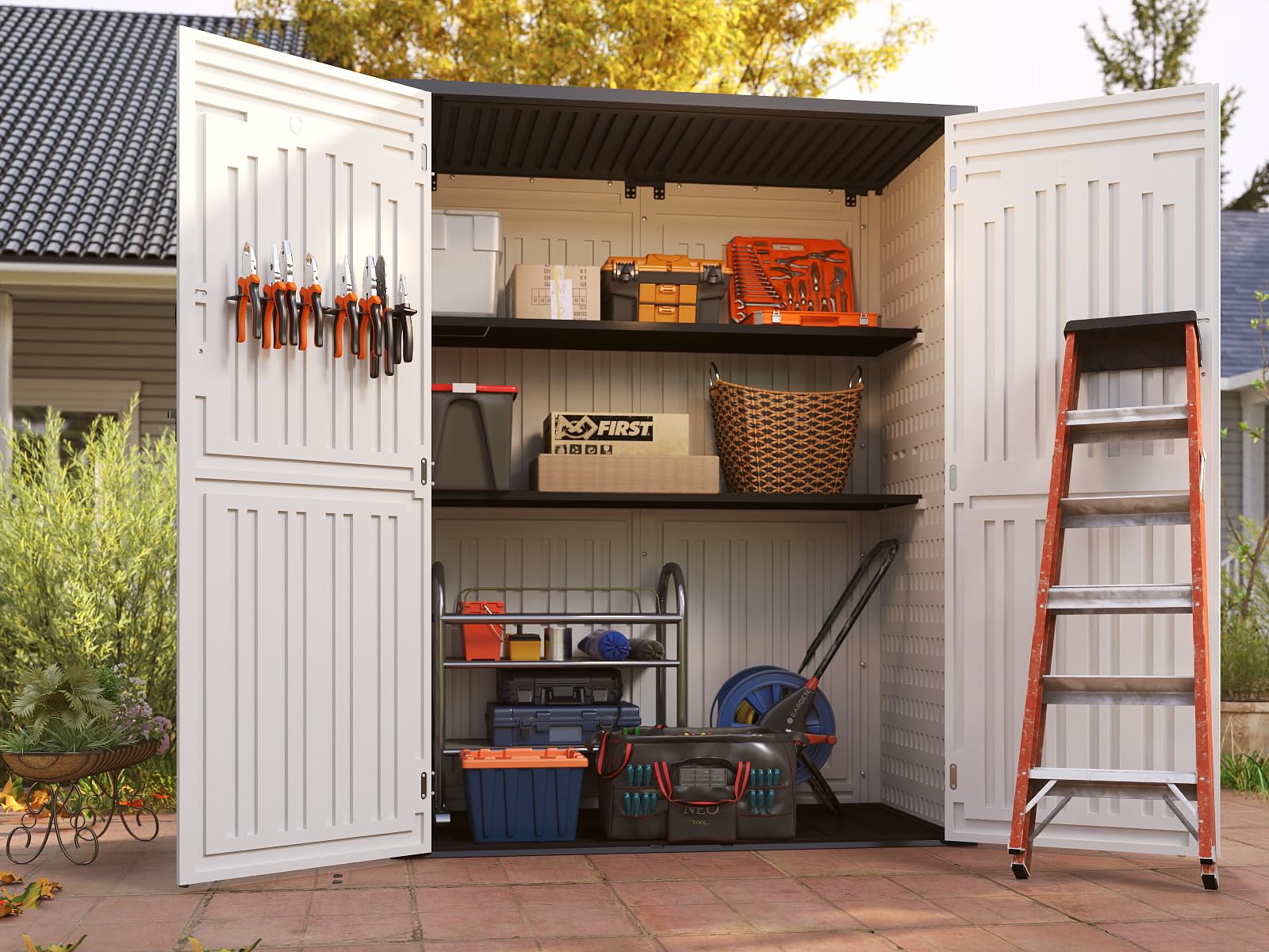 60 Cuft Vertical Resin Storage Shed | Waterproof Plastic Outdoor Garden Tool Cabinet (5.6 x 2.3 ft) | Perfect for Lawn Mower, Gardening Tools & Backyard Storage | Durable White Outdoor Shed for Patio, Garage & Yard Organization