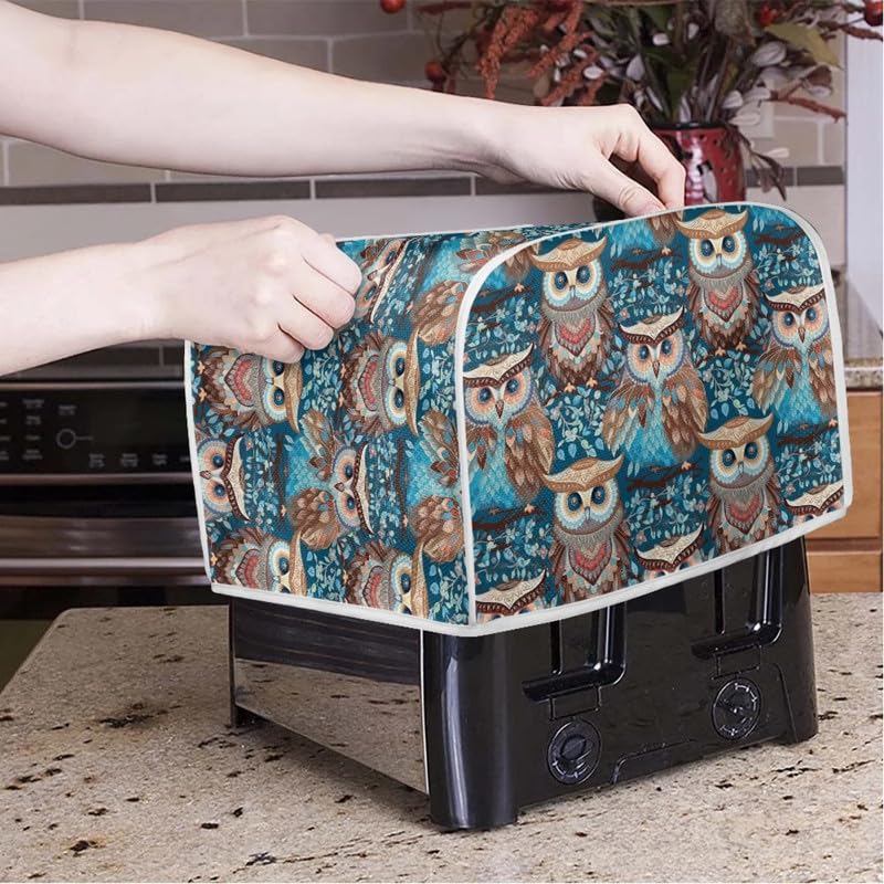 Forest Owl 2-4 Slice Toaster Cover - Turquoise Plant Branch Design, Microwave & Toaster Oven Dust Cover, Cartoon Owl Pattern, Dustproof & Fingerprint Protection - Perfect for Kitchen Countertop & Small Appliance Protection