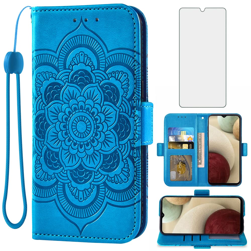 Samsung Galaxy A12 Wallet Case with Card Holder & Stand - Tempered Glass Screen Protector Included - Compatible with Galaxy A12 5G/4G - Blue - Perfect for Work, Travel, Commuting, Shopping & Office Use - Hands-Free Viewing & Secure Storage - Ideal for Daily Protection & On-the-Go Convenience - Great for Business Meetings, Coffee Shops & Outdoor Activities