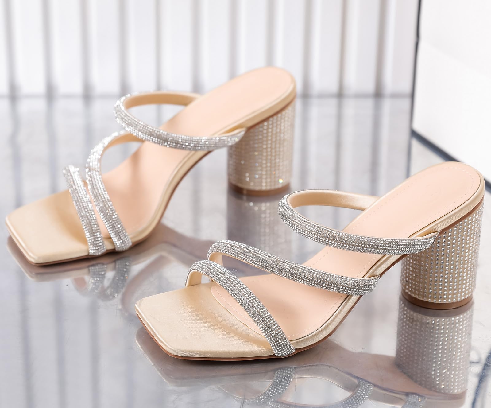 DADAWEN Women's Rhinestone Heeled Sandals - Square Toe Strappy Chunky Block Heels for Wedding, Party & Dress Occasions - Comfortable Pumps for Women - Perfect for Bridal, Prom, Evening Events & Special Occasions