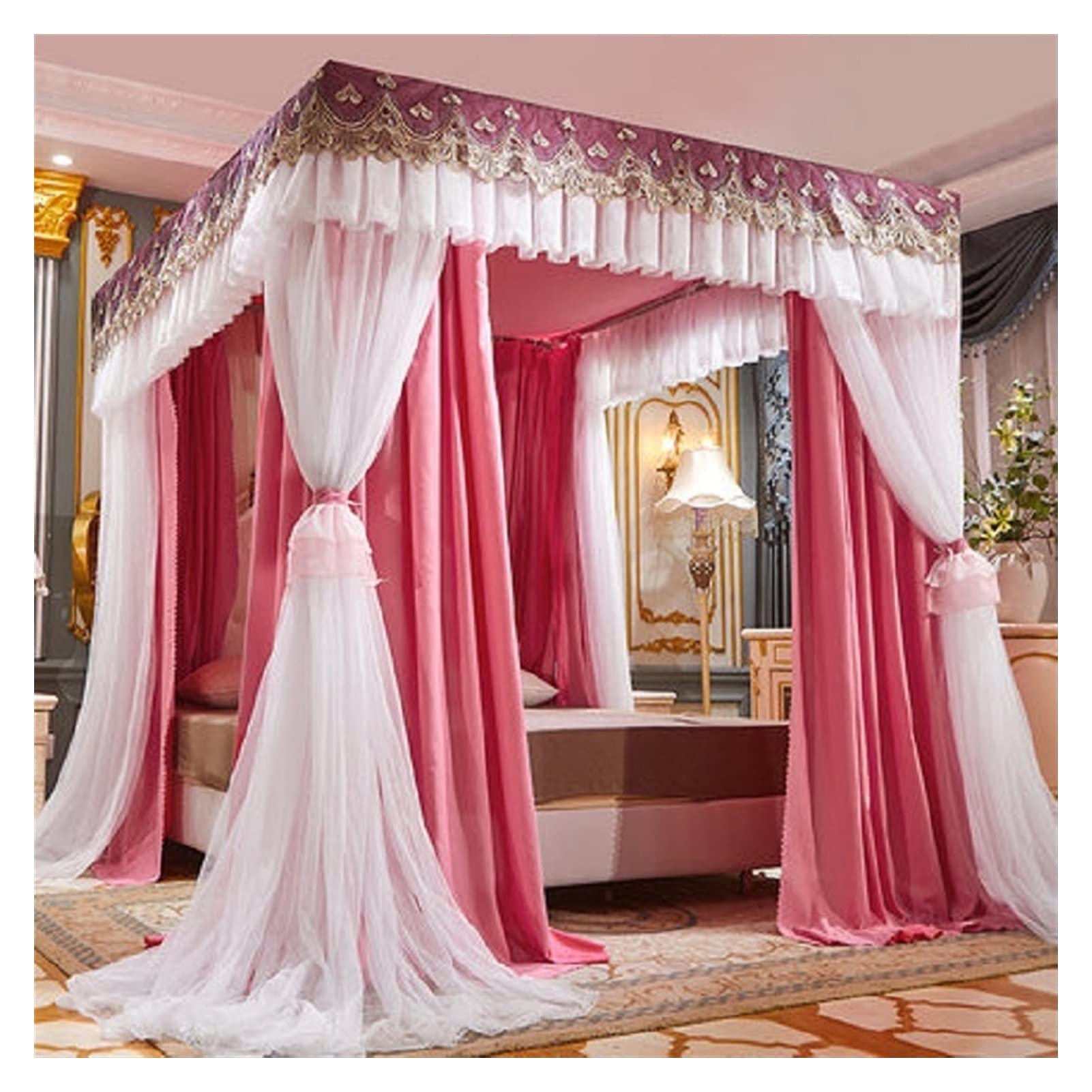 Xinxinchaoshi Bed Canopy - 4 Door Mosquito Net Curtain with Crown Design for Queen/King Size Beds (1.8m/6ft, Dusty Pink) - Romantic Bedroom Decor for Master Bedroom, Nursery, or Dorm Room