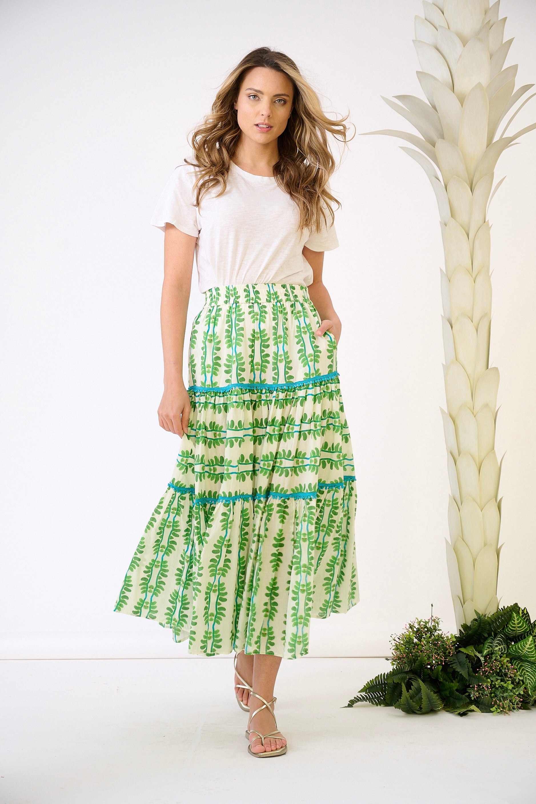 Triple Tiered Maxi Skirt with Palm Leaf Print - Boho Beach Skirt for Women, Perfect for Summer Vacations, Music Festivals & Tropical Getaways
