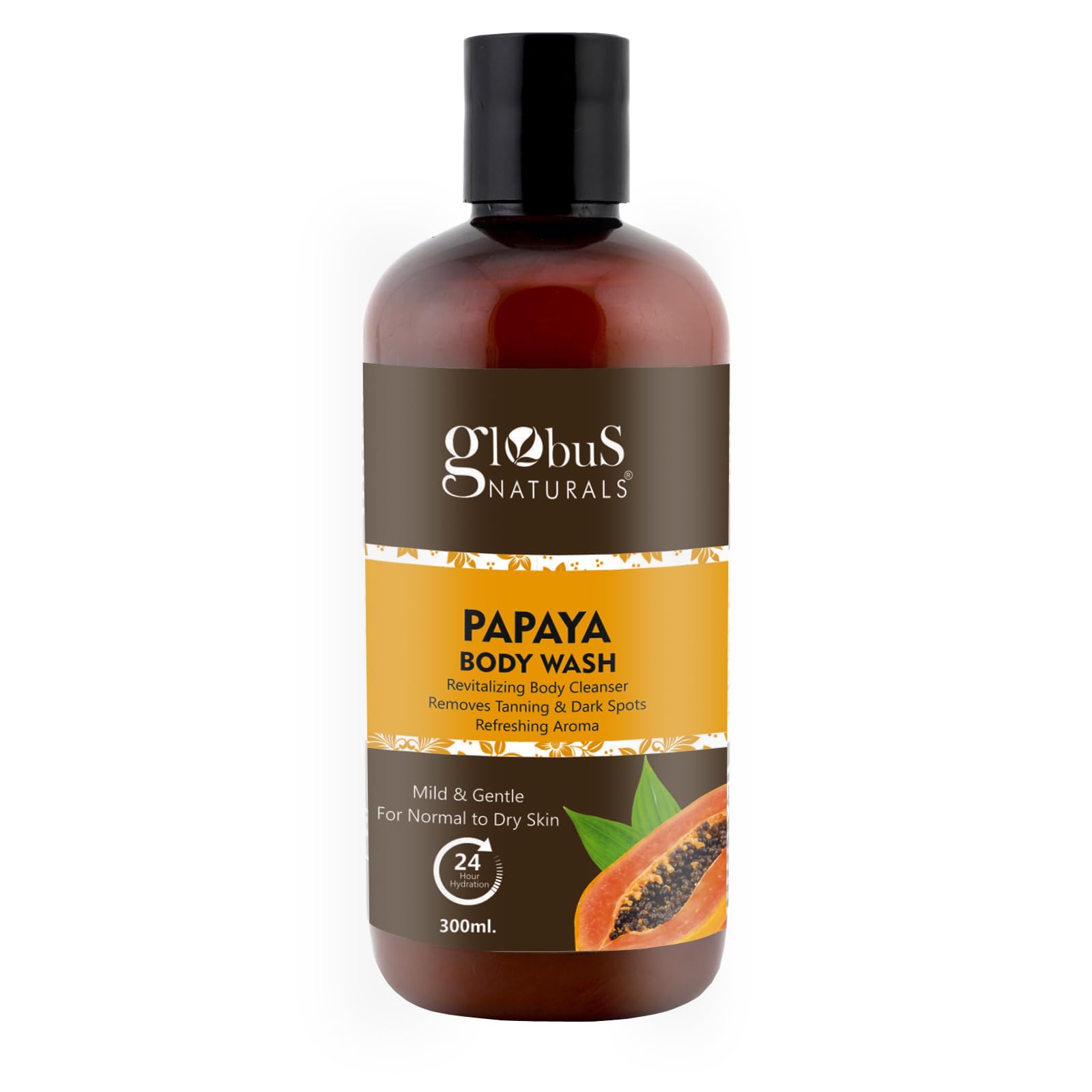 Globus Naturals Nourishing Papaya Body Wash for Tan Removal & Hydration - Enriched with Aloe Vera, 300ml | Gentle Exfoliating & Moisturizing Shower Gel for Smooth Skin | Perfect for Post-Sun Care & Daily Hydration