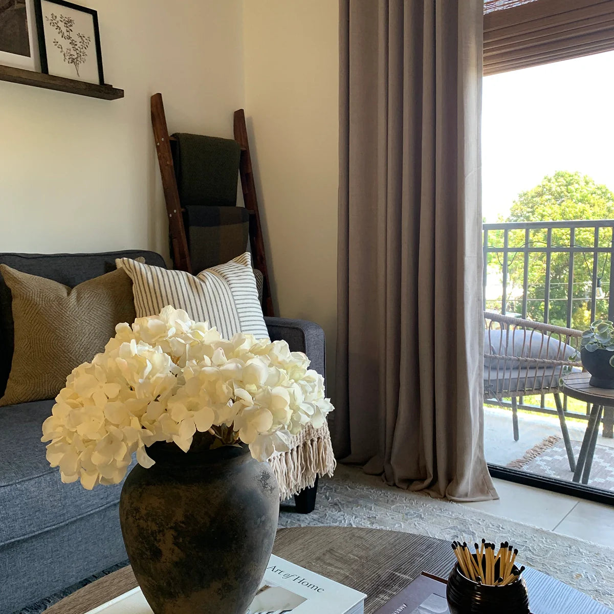 Pinch Pleated Blackout Curtains - Linen Memory Fabric, Natural Oak & Dim Grey - Modern Custom Drapes for Living Room & Bedroom - Light Blocking & Noise Reducing Window Treatments