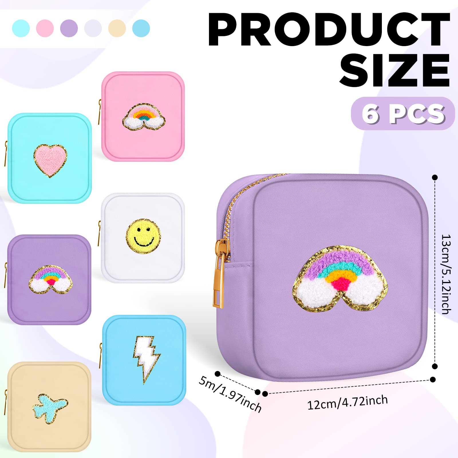 Zubebe 6-Piece Preppy Patch Cute Makeup Bags Set - Waterproof Nylon Toiletry & Skincare Pouches with Chenille Letter Design - Small Zippered Cosmetic Organizer for Purse, Travel, Gym & School Essentials (Pastel Colors)