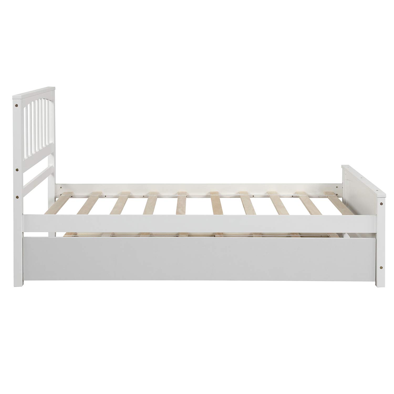 Knocbel Twin Bed with Trundle - Solid Wood Platform Bed Frame with Headboard & Footboard, Mattress Foundation with Slat Support (White) - Perfect for Kids Rooms, Guest Bedrooms & Small Spaces