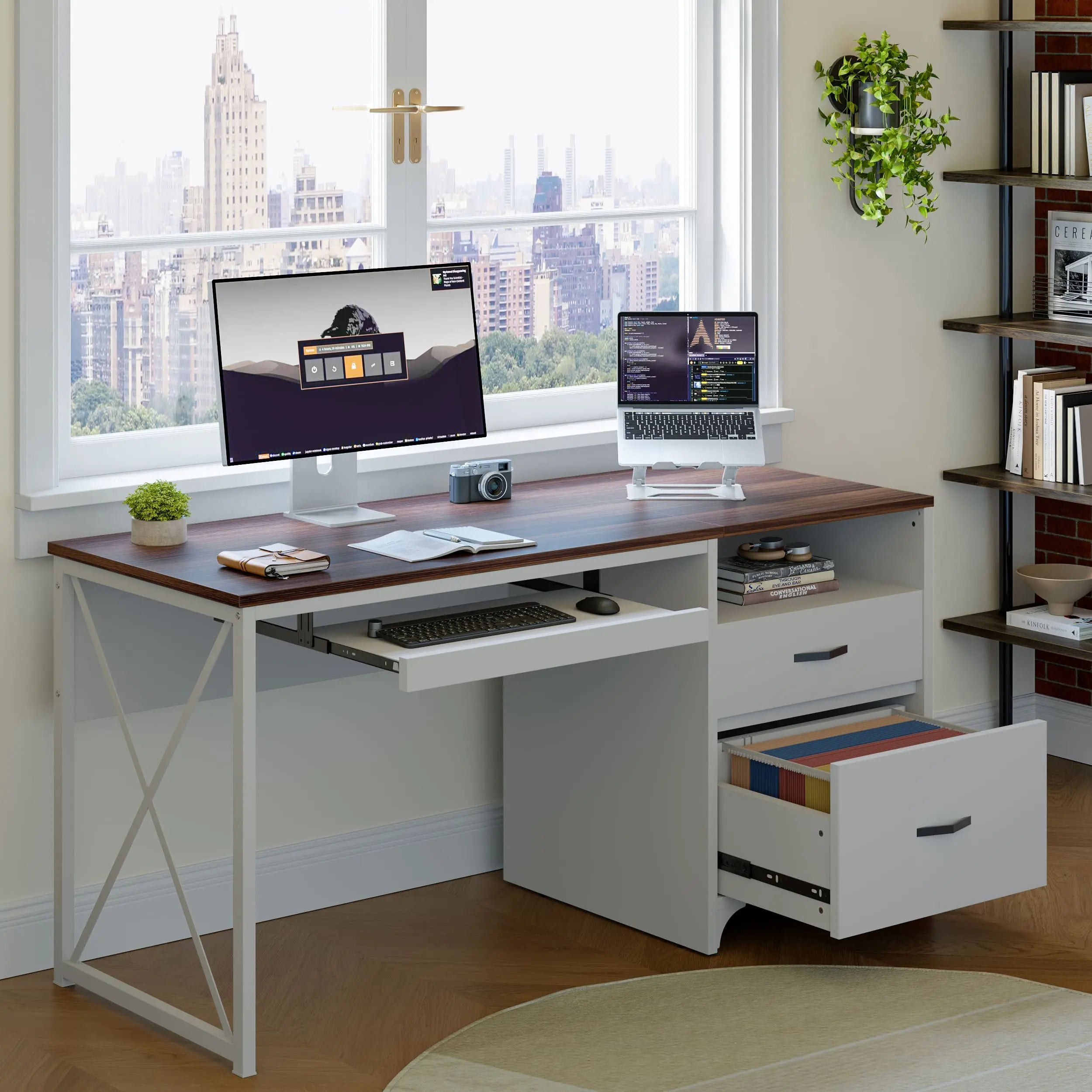 Bestier 55 Inch Industrial Office Computer Desk with Storage Shelf - Modern L-Shaped Writing Desk for Home Office, Gaming & Study - Sturdy Metal Frame Workstation with Drawers & Open Storage Space