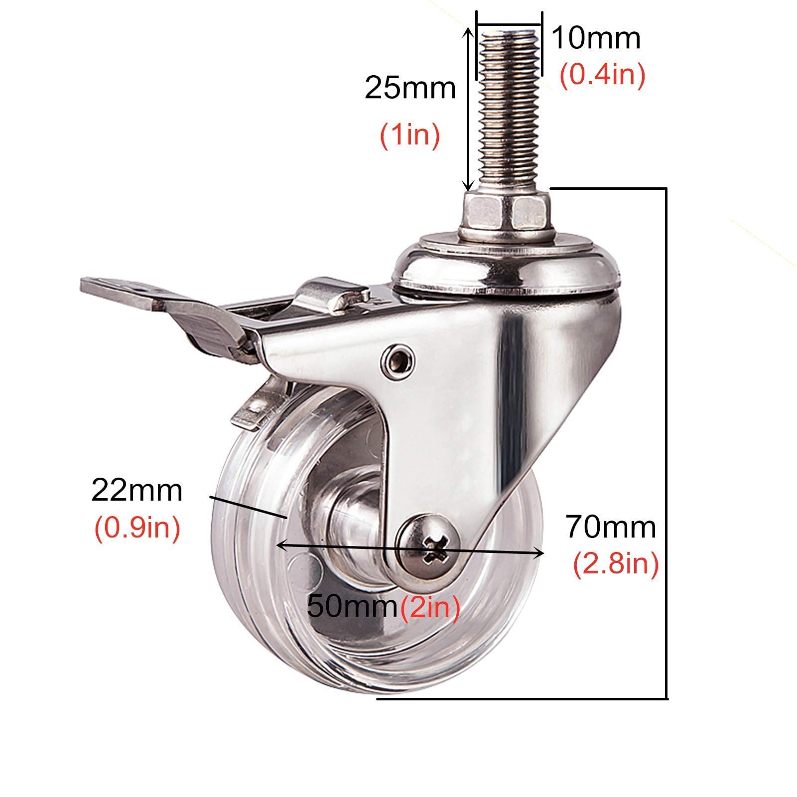 Heavy Duty Swivel Casters with Threaded Stem - 4 Pack M12x Transparent PC Wheels for Furniture, DIY Tools & Trolleys | Universal Replacement Casters with Stainless Steel Base | Perfect for Workshop, Garage & Industrial Use