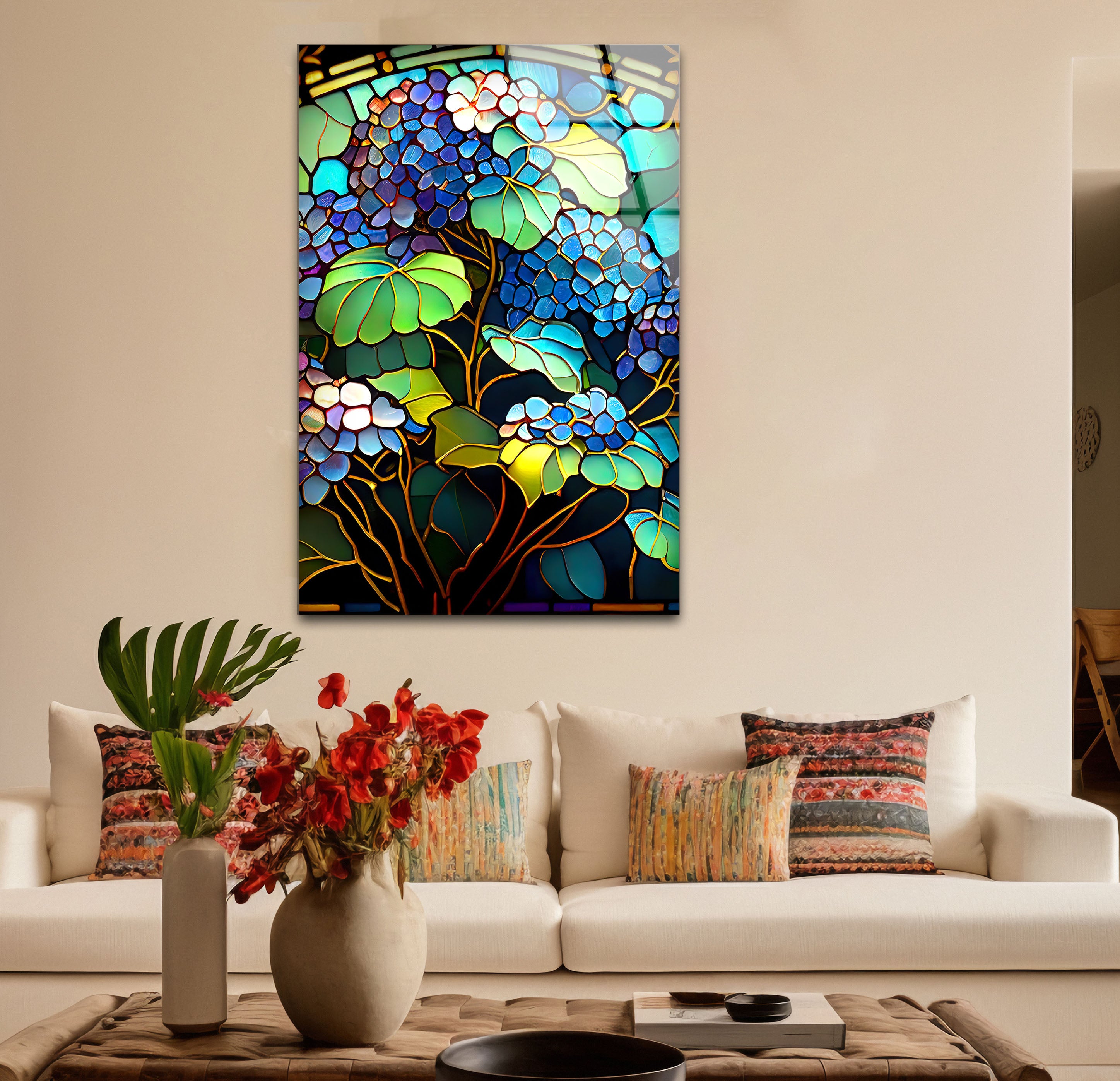 Blue Hydrangea Stained Glass Wall Art - Vertical Floral Glass Print for Home Decor, Church, Wedding & Office | Handmade Glass Painting Gift for Women