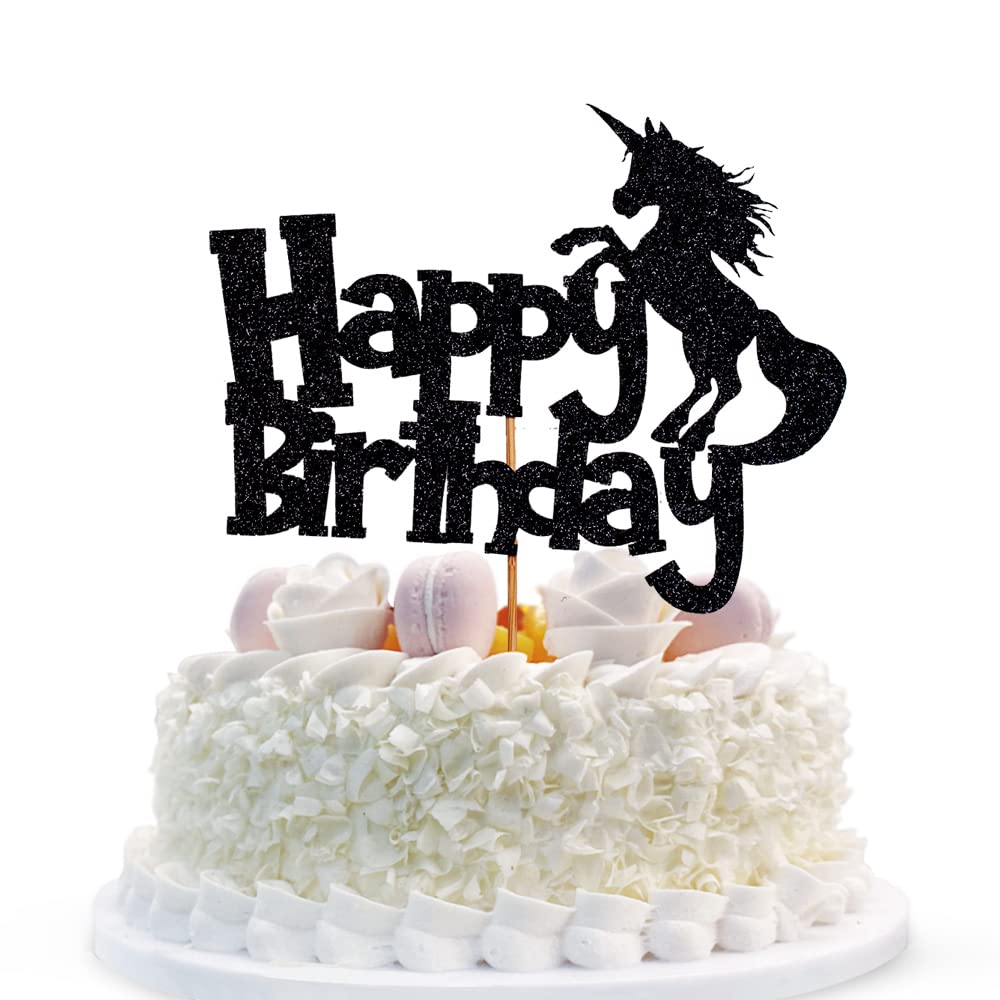 Black Glitter Unicorn Happy Birthday Cake Topper - Birthday Party Decoration Supplies for Girls, Women, Kids | Perfect for Birthday Cakes, Cupcakes, Baby Showers & Special Celebrations