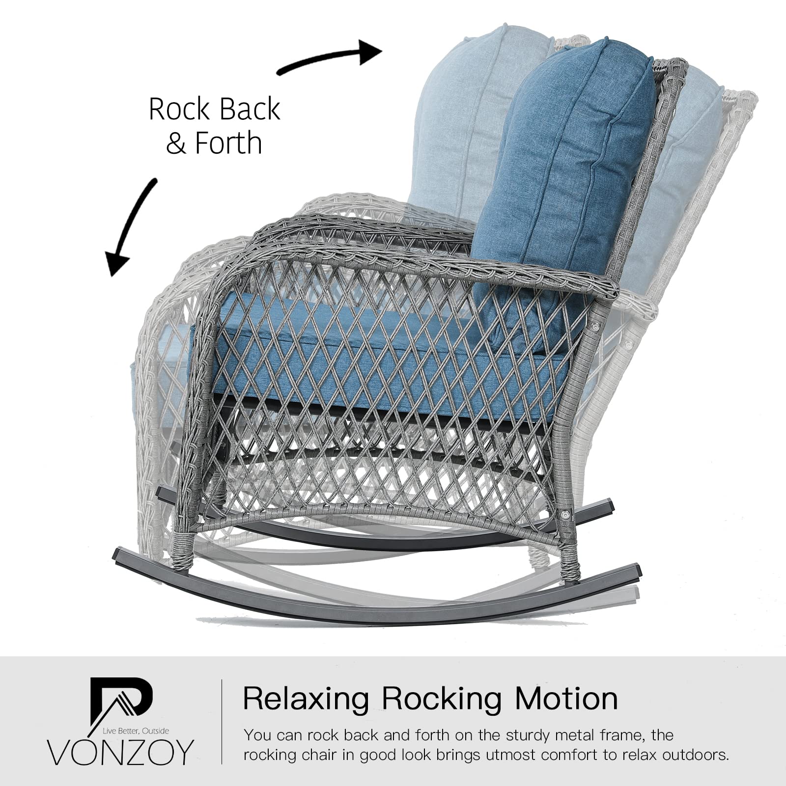 3-Piece Patio Furniture Set - Wicker Rocking Bistro Set with Thick Cushions, Outdoor Rocker Chairs & Coffee Table for Porch, Backyard or Garden (Blue) - Perfect for Relaxing, Entertaining & Outdoor Dining