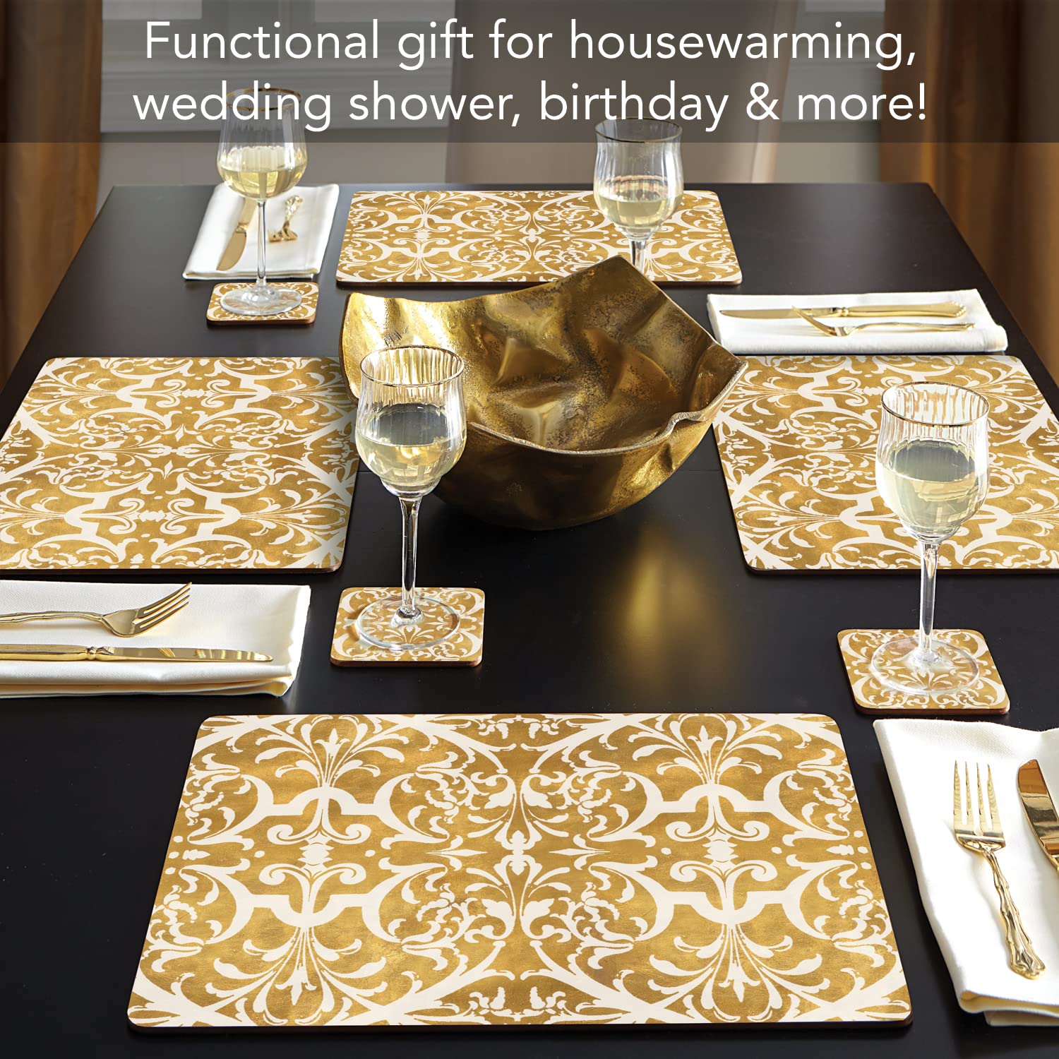 Premium Gilded Decorative Hardboard Cork Back Tabletop Placemats - Set of 4 - Heat Resistant & Easy to Clean - Made in USA - Perfect for Dining Tables, Kitchen Countertops & Home Decor