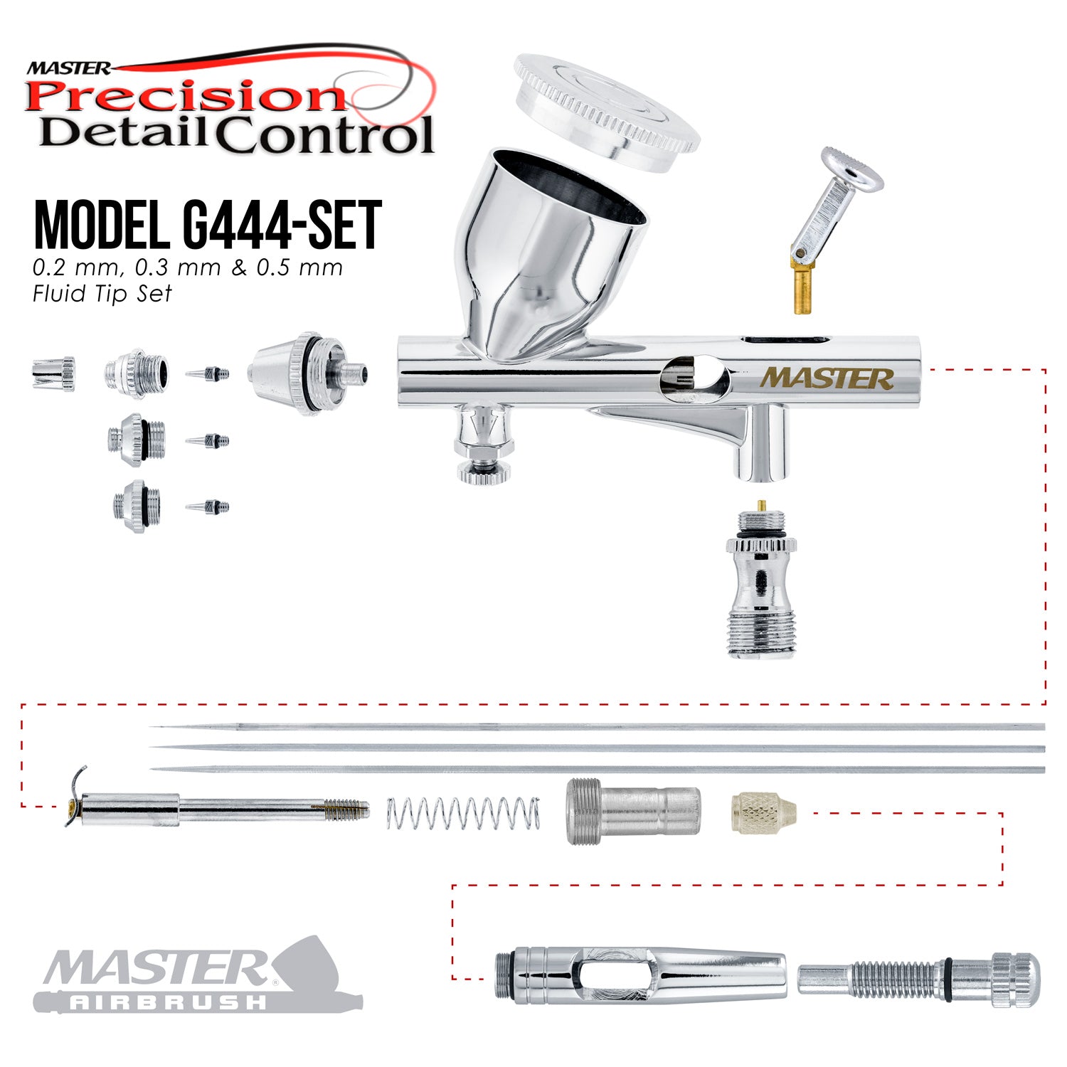 Professional G444 Pro Dual Action Gravity Feed Airbrush Kit with 3 Nozzles (0.2mm, 0.3mm, 0.5mm) & 1/3 oz Cup - Perfect for Model Painting, Tattoo Art, Nail Design & Automotive Detailing