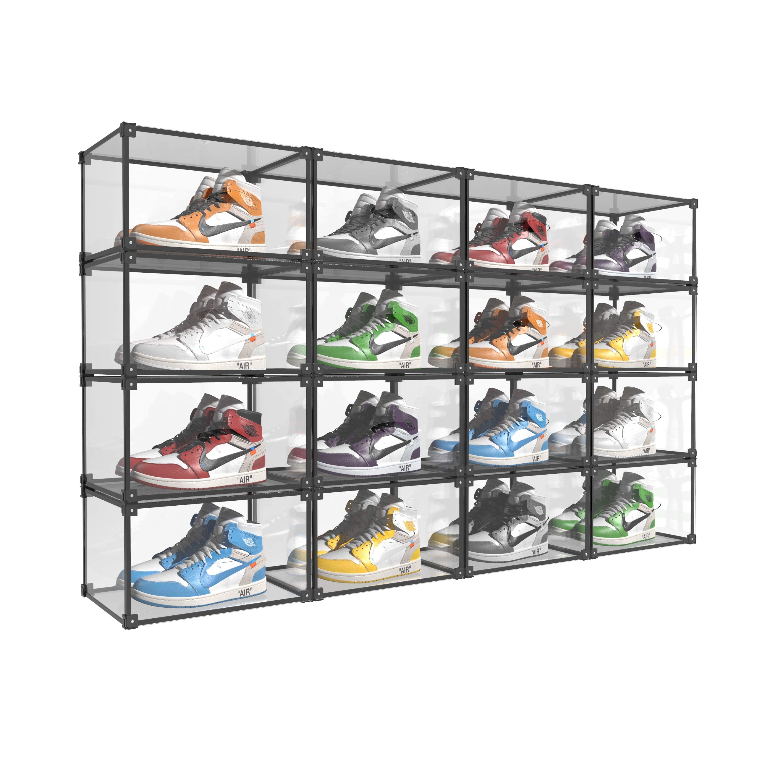 Clear Plastic Shoe Storage Box Organizer - 16-Piece Set with Magnetic Side Opening (Black) | Perfect for Closet Organization, Sneaker Display, and Home Storage Solutions