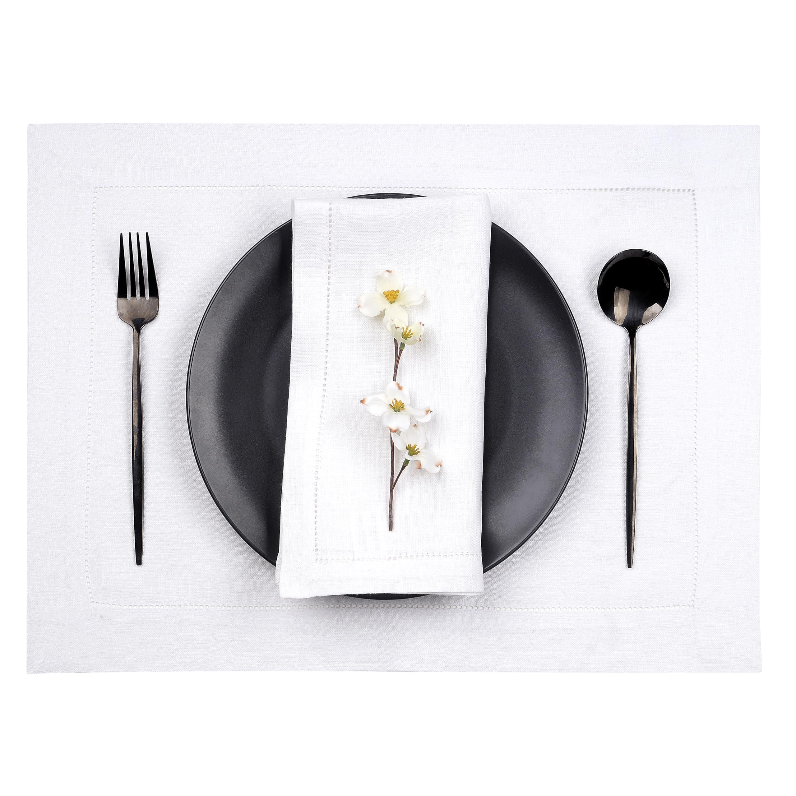D'Moksha Homes 100% Pure Linen Placemats Set of 4 - 14x19 Inch White Washable Table Mats with Classic Hemstitch Design - Perfect for Easter, Dinner Parties & Formal Dining Decor