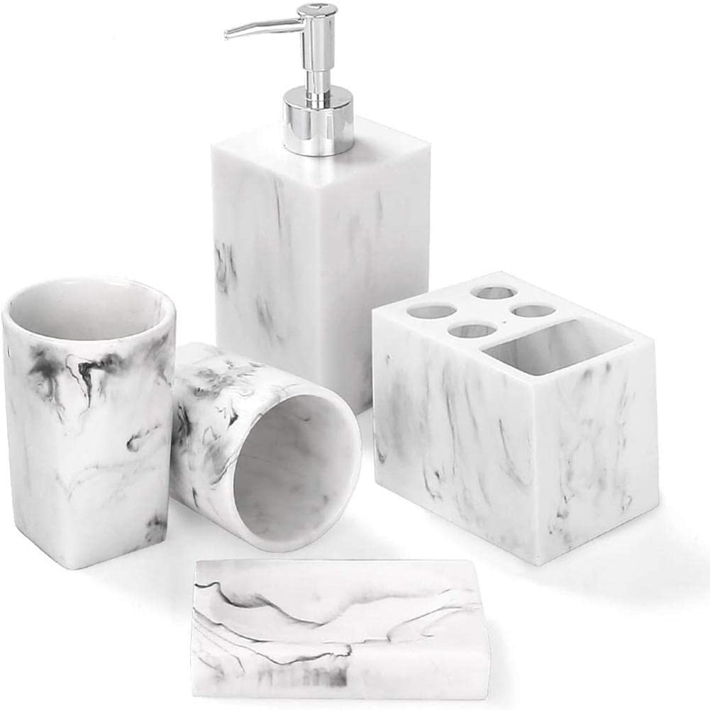 5-Piece Marble Look Bathroom Accessories Set - Soap Dispenser, Toothbrush Holder, Countertop Decor for Bathroom & Apartment - White Imitation Resin Kit | Perfect for Modern Homes, Guest Bathrooms & Small Space Organization