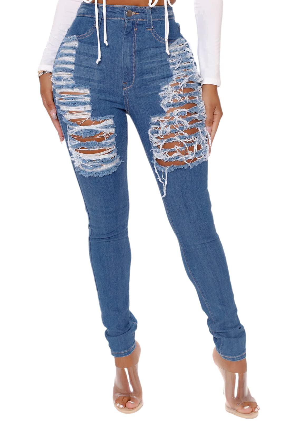 FairBeauty Women's Skinny Stretch Jeans - Frayed Raw Hem, Slim Fit Ripped Denim Pants for Casual Wear & Night Out | High Waist Comfortable Jeans for Everyday Style