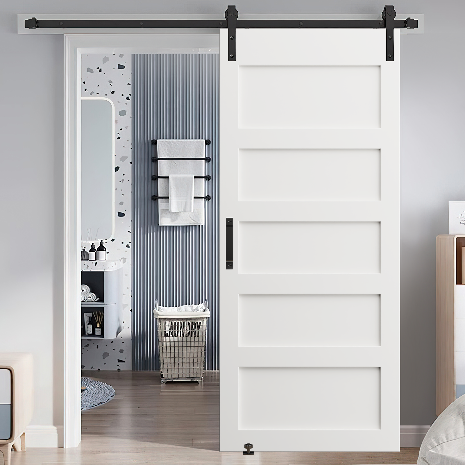 28' x 84' CRAZY ELF Five Grid Primed Barn Door Slab with 6.6FT Sliding Hardware Kit - Adjustable Floor Guide & Pull Handle - Unfinished DIY Paneled Door for Modern Interior - Moisture Proof - Perfect for Bedroom, Closet or Farmhouse Style Homes