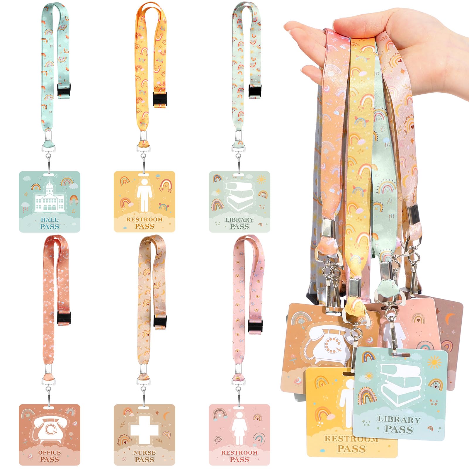 Boho Hall Pass Lanyards Set - 6 Unbreakable PVC Passes & Lanyards for Teachers, Students, Nurses - Perfect for Classroom & Office Use
