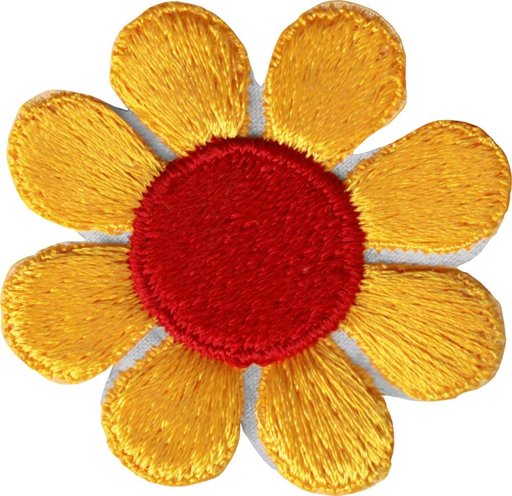 Yellow Orange Daisy Flower with Red Center - Embroidered Iron On or Sew On Patch for Jackets, Hats, Bags & DIY Crafts