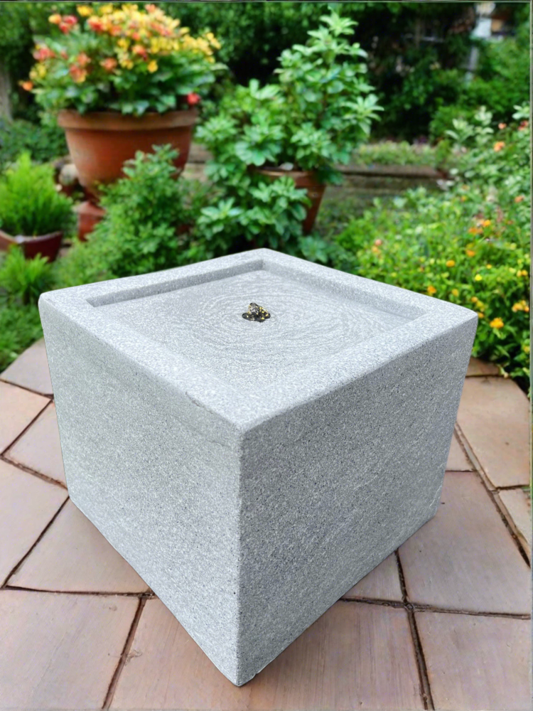 Solar Powered Square Water Feature with LED Lights - Light Grey 37x37x30cm Outdoor Garden Fountain for Patio, Yard & Backyard Decor