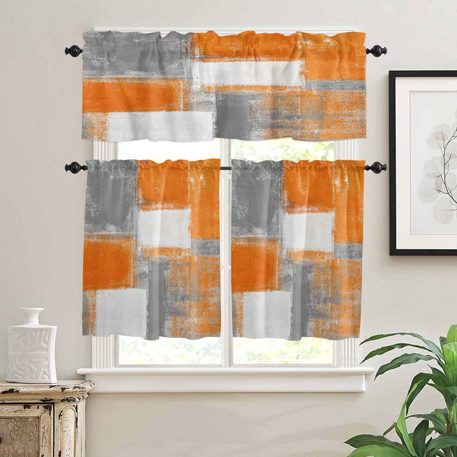 Abstract Art Kitchen Curtains Set - Beige & Orange Rod Pocket Window Valances & Drapes, Blackout Tier Curtains for Kitchen, Living Room & Bathroom Decor - Perfect for Modern Home & Apartment Window Treatments