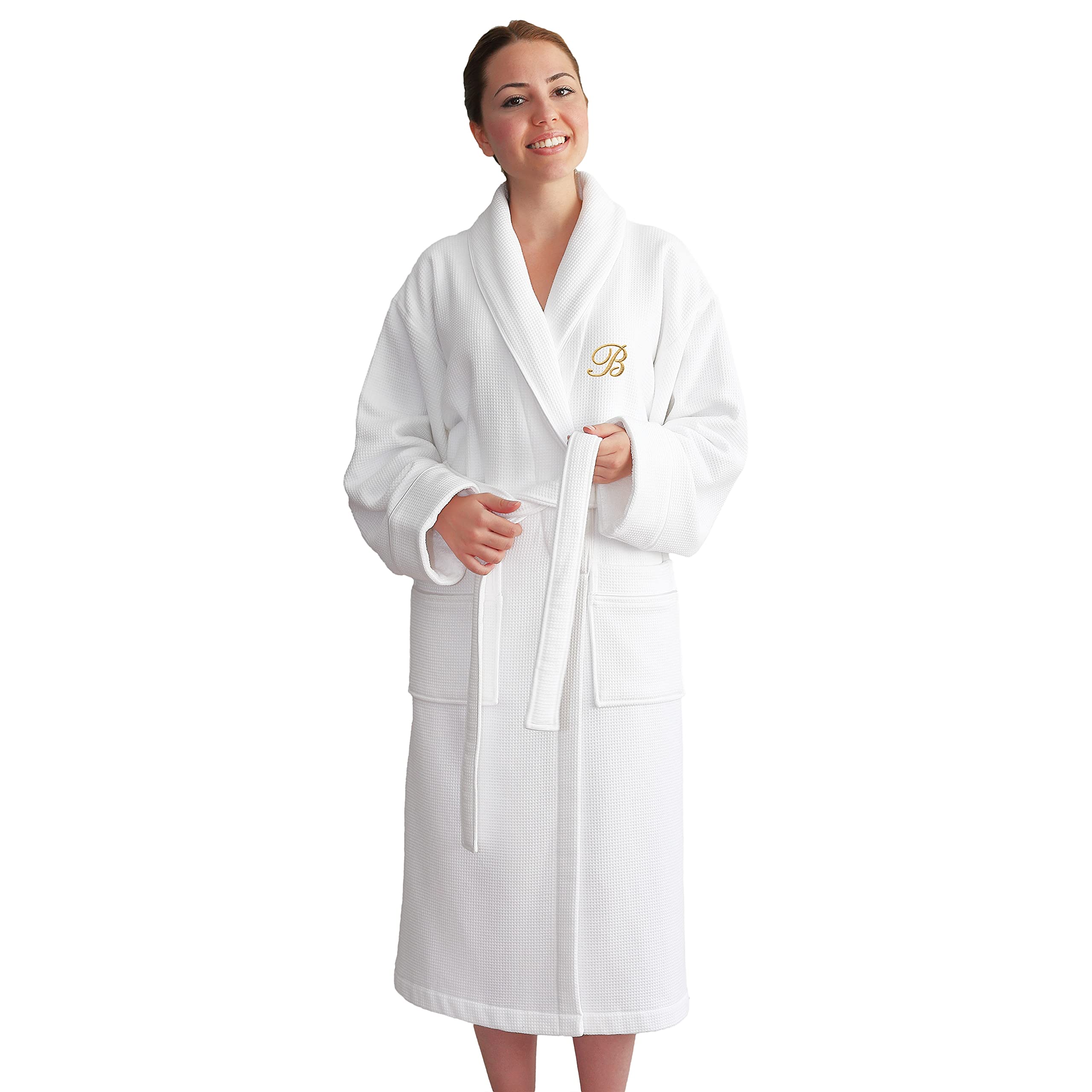 Premium Unisex Gold Monogrammed Turkish Cotton Waffle Weave Terry Bathrobe - White & Gold - Size K (Large/XL) - Luxurious Spa & Home Relaxation Wear