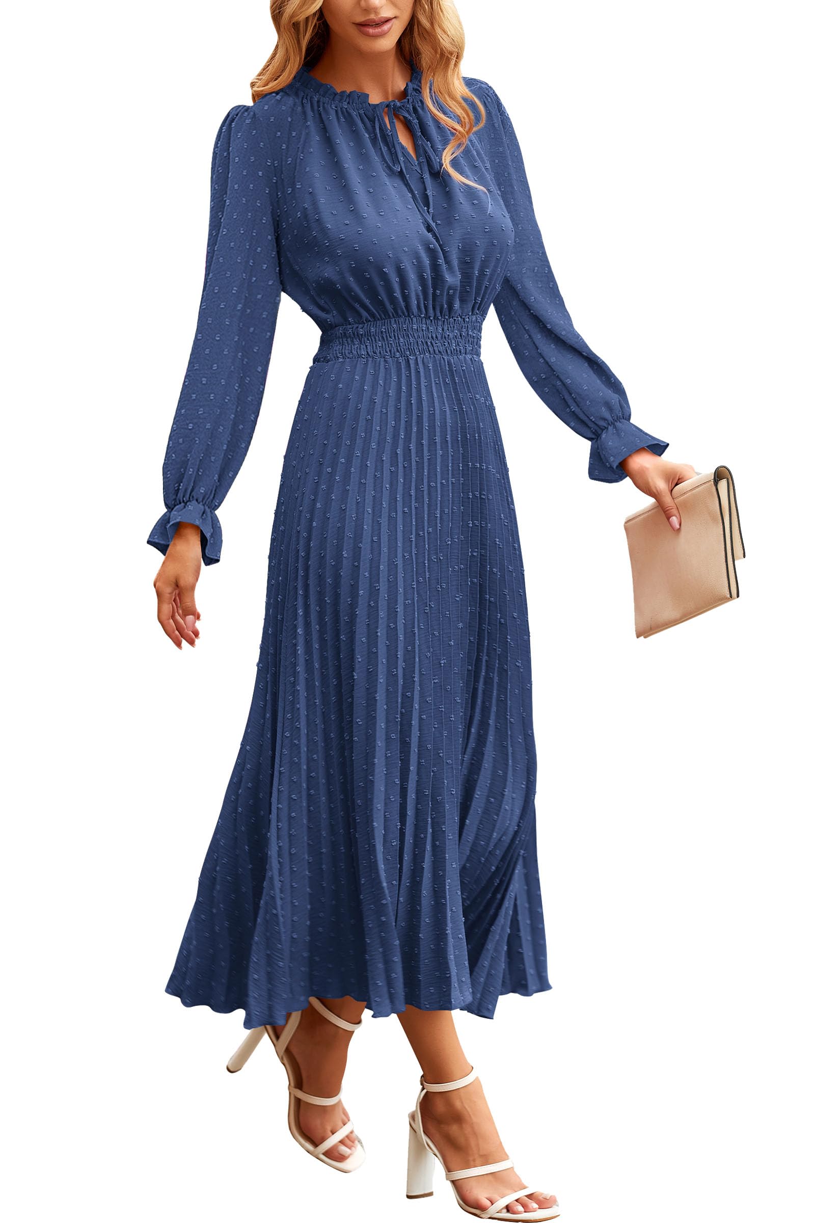PRETTYGARDEN Women's 2025 Spring Fall Midi Dress - Casual Long Sleeve V-Neck Swiss Dot Pleated A-Line Flowy Dress for Work, Date Night & Special Occasions