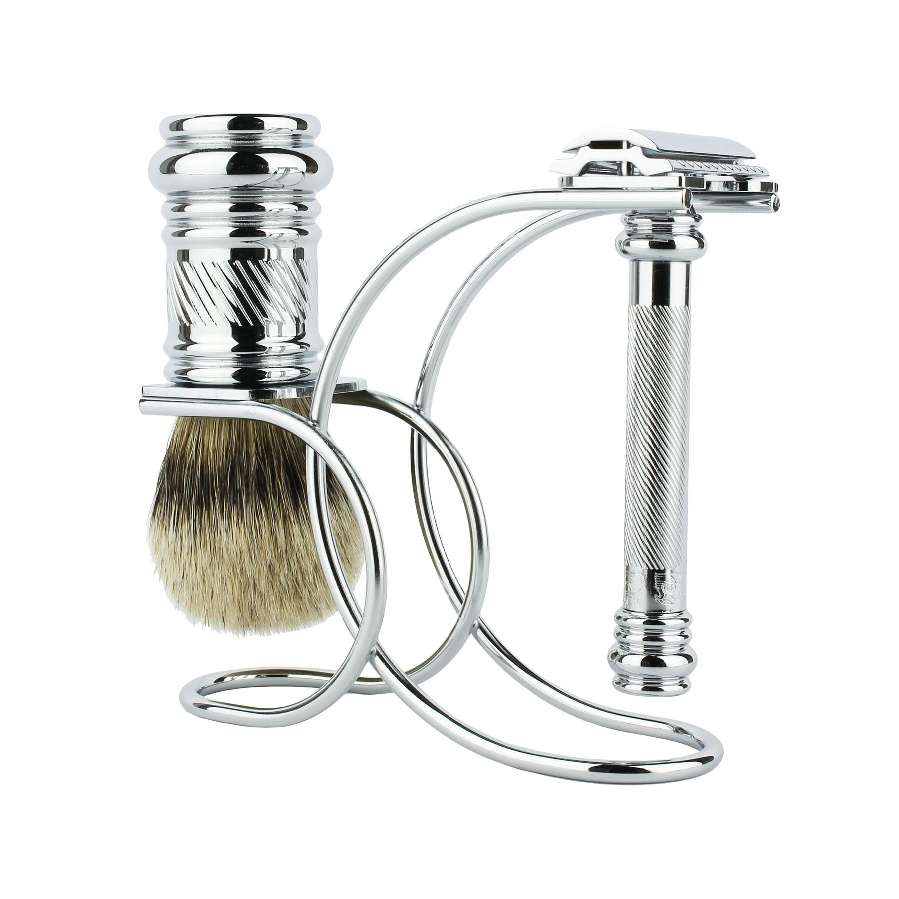 Merkur 38C Safety Razor Set - 3-Piece Chrome Plated Shaving Kit with Razor, Brush & Stand | Classic Barber Style for Men | Perfect for Home & Travel Shaving