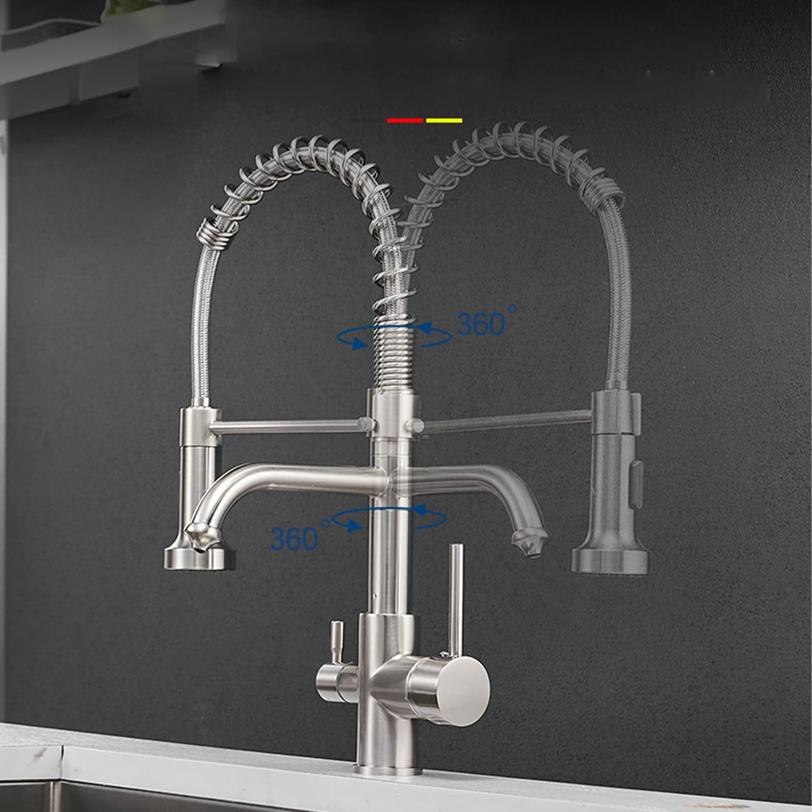 Premium Brushed Nickel Double Handle Kitchen Sink Faucet with Hot/Cold Water Mixer & Pure Water Nozzle - 360° Swivel Spout for Modern Home Cooking and Dishwashing