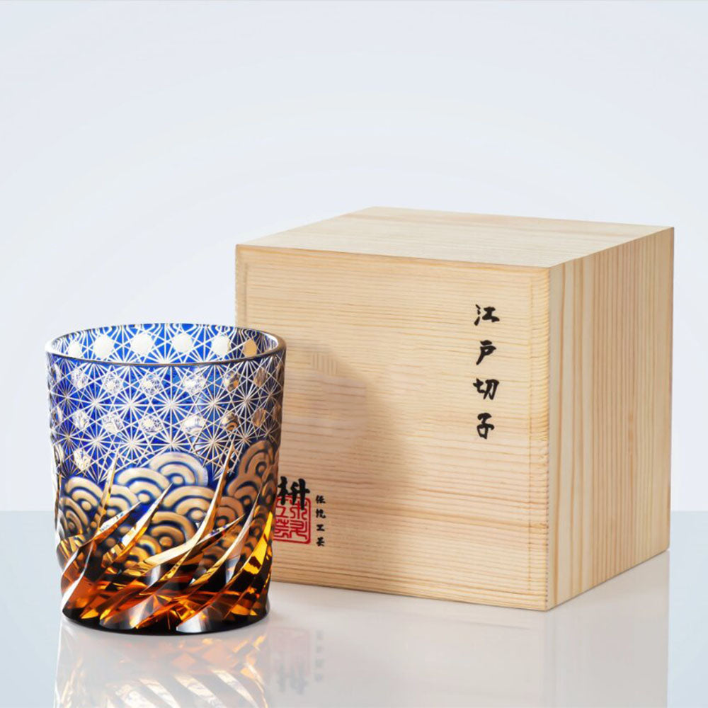 Handcrafted Edo Kiriko Amber Blue Whiskey Glass - Japanese Artisan Cut Crystal Cup for Whiskey, Tea & Cocktails - Elegant Drinkware for Home Bar, Gifts & Special Occasions