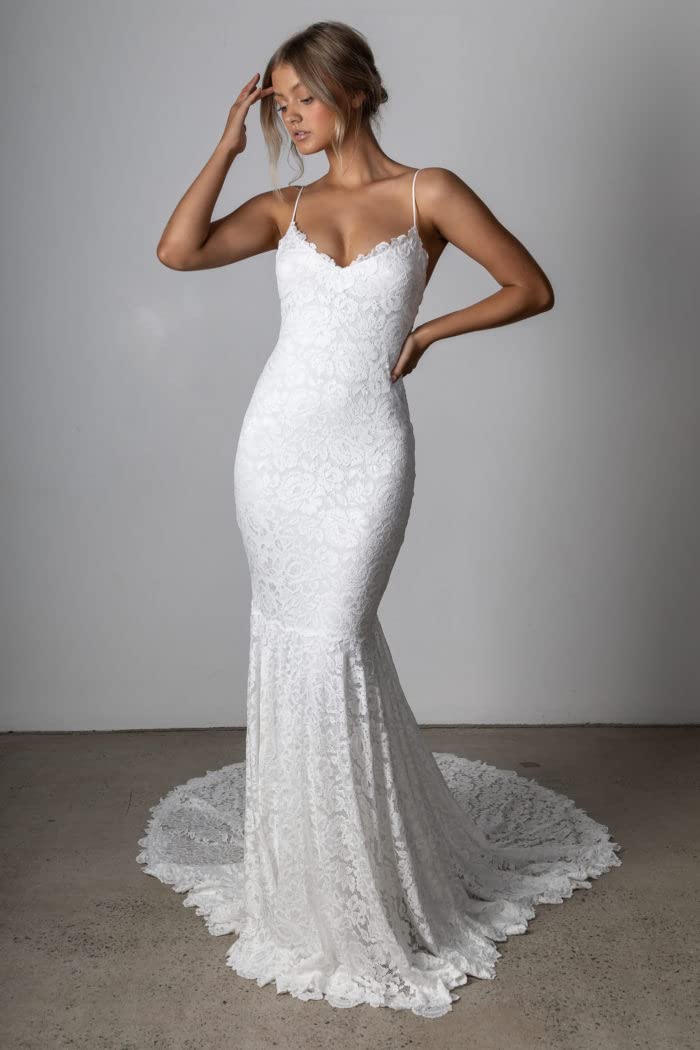BOLENSYE Women's Boho Lace Wedding Dress for Bride - Backless High Slit Beach Wedding Gown - Perfect for Beach, Destination & Boho Chic Weddings