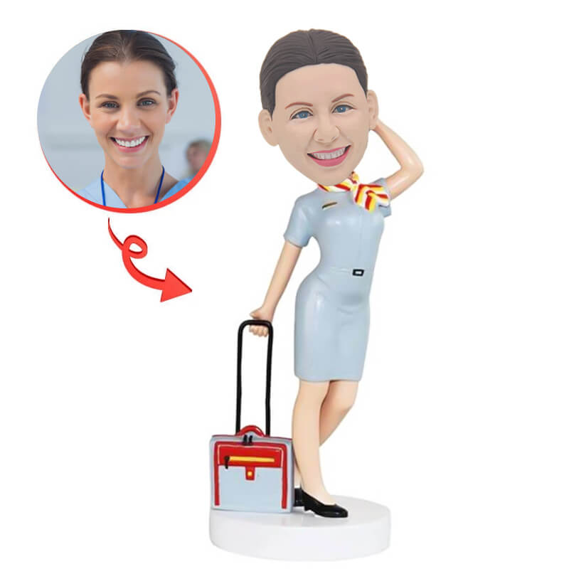 Custom Female Flight Attendant Bobblehead Doll - Personalized Airline Crew Gift for Cabin Crew, Aviation Enthusiasts & Travel Lovers - Perfect for Office Desk Decor, Flight Attendant Appreciation & Retirement Gifts