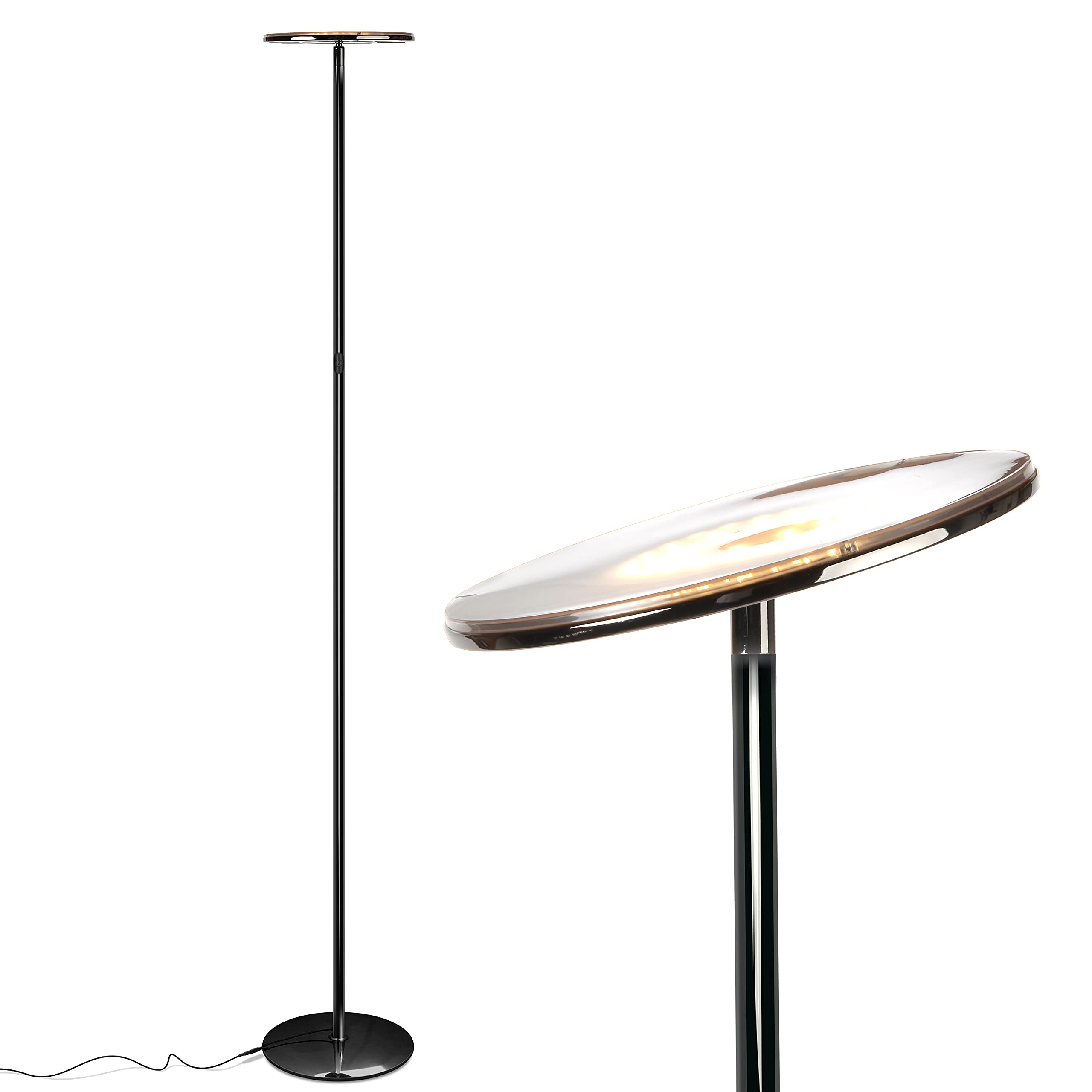 Brightech Sky LED Floor Lamp - Super Bright Dimmable Torchiere Standing Lamp for Living Room, Office & Bedroom - Tall Modern Reading Light in Black Chrome - Perfect for Cozy Evenings & Workspaces