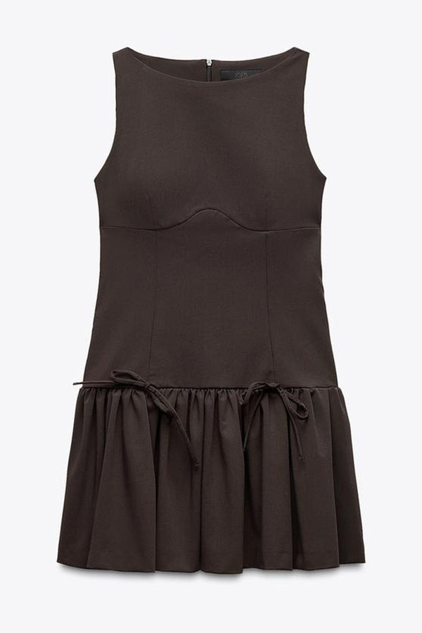 Elegant Solid Bow Round Neck Sleeveless Mini Dress for Women - Perfect for Summer Parties, Beach Vacations & Date Nights